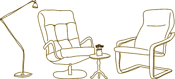 Illustration of a comfortable counselling room with two chairs facing each other, a small table, and a floor lamp